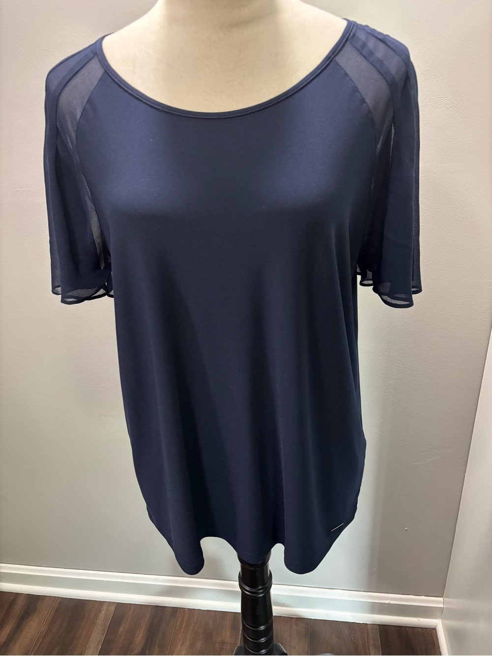 Calvin Klein Navy Short-Sleeve Top with Sheer Insets
